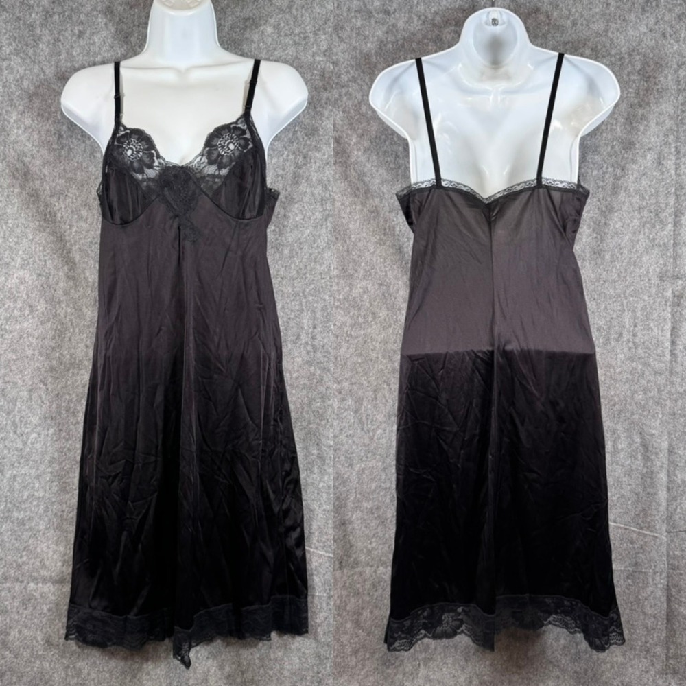 Vtg Satin Black Lace Trim Full Slip Dress Nightgown Sz 34 Babydoll Neck Lingerie